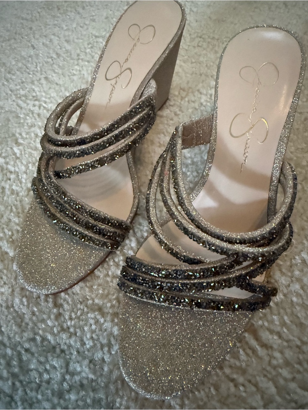 NEW Jessica Simpson Champagne Glitter Multi-Strap Wedges - Picture 2 of 9